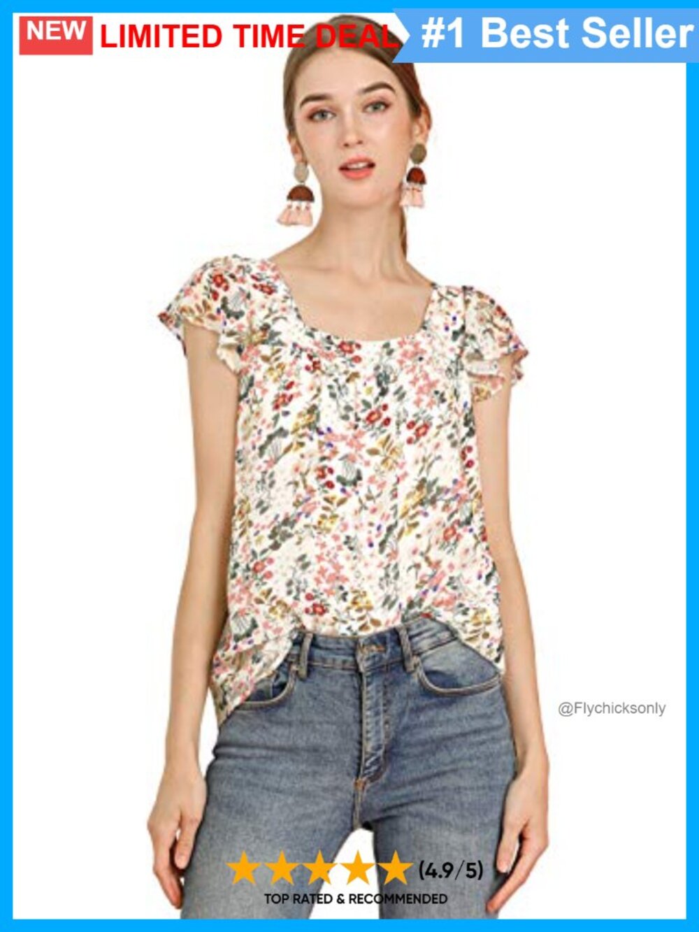 Womens Chiffon Blouse Ruffled Square Neck Boho Floral Print Top